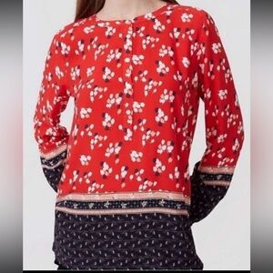 LOFT Red Floral Henley Border-Print Tunic top blouse red black tunic blouse Sz S